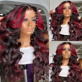 JPIKAQIU Red Highlight Synthetic Lace Front Wig 24 Inch Body Wave Hair Black Mixed Red Ombre Color 13X4 HD Lace Wig Pre Plucked Hairline 180% Density Heat Resistant Soft Hair for Fashion Women