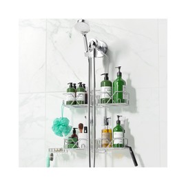 Stainless Steel Shower Caddy for Handheld Shower Heads,Rustproof Hose Shower Organizer Adjustable Length Shower Rack with 24 Hooks,Razor Holder,Soap Holder