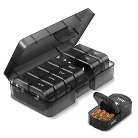 Opret Pill Organiser 7 Day, Weekly Pill Box 2 Times a Day for AM PM, Travel Tablet Organiser with 14 Large Compartments, for Vitamins Supplements Medication (Black)