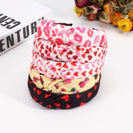 Juego de diademas anudadas para el día de San Valentín para mujer, amante de los labios románticos, banda elástica torcida cruzada, antideslizante, con estampado de corazón, banda para el cabello con rosa, accesorios ajustables para la playa al aire libr