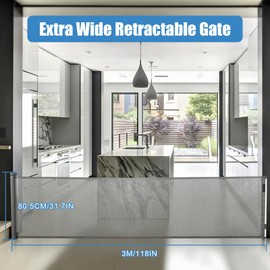 Retractable Baby Gate, 118" Extra Wide Mesh Barrier Door for Dogs, Folding Security Gates for Kids, Useful Safety Gates for Stair, Hallways, Kitchens, Indoor, Outdoor, Bedrooms, Grey