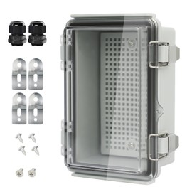 LeMotech Electrical Box, IP67 Waterproof Hinged Clear Cover Stainless Steel Latch Junction Box, ABS Plastic Electrical Enclosure with Mounting Plate,Wall Brackets, Cable Glands,5.9"x3.9"x2.8",Grey
