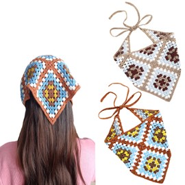 Kunyeah 2 Pieces Crochet Hair Bandana Floral Hair Scarf Boho Head Kerchief Vintage Headbands Triangle Hair Tie Handmade Hair Accessories for Girls Women (Coffee/Blue)