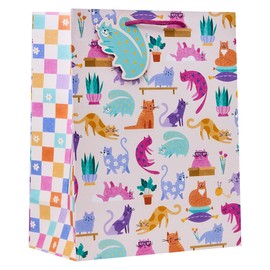 Design By Violet Cattitude Large Gift Bag – Colourful Cat-Themed Paper Bag with Purple Handles & Gift Tag – Fun & Quirky Present Wrapping for Birthdays, Celebrations & Special Occasions