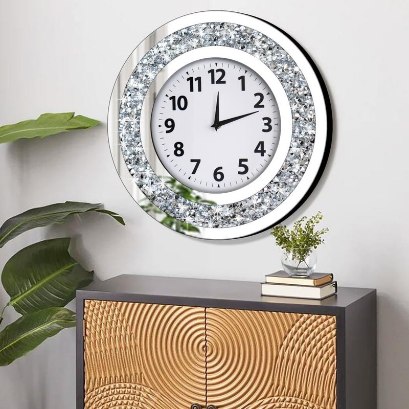 DMDFIRST Crystal Crushed Diamond Mirrored Round Wall Clock 16x16x2 inches
