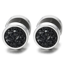 10mm Mens Womens Circle Stud Earrings with Black Glitter, Steel Cheater Fake Ear Plugs Gauges Tunnel(CA)