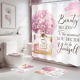 Ufeela 4 PCS Fashion Floral Perfume Bathroom Set with Shower Curtain and Rugs 72Wx72H Inch Gold Pink Quotes Flower Non-Slip Bath Rug Toilet Lid Cover and U Shape Mat Accessories 12 Hooks Bathoom Decor