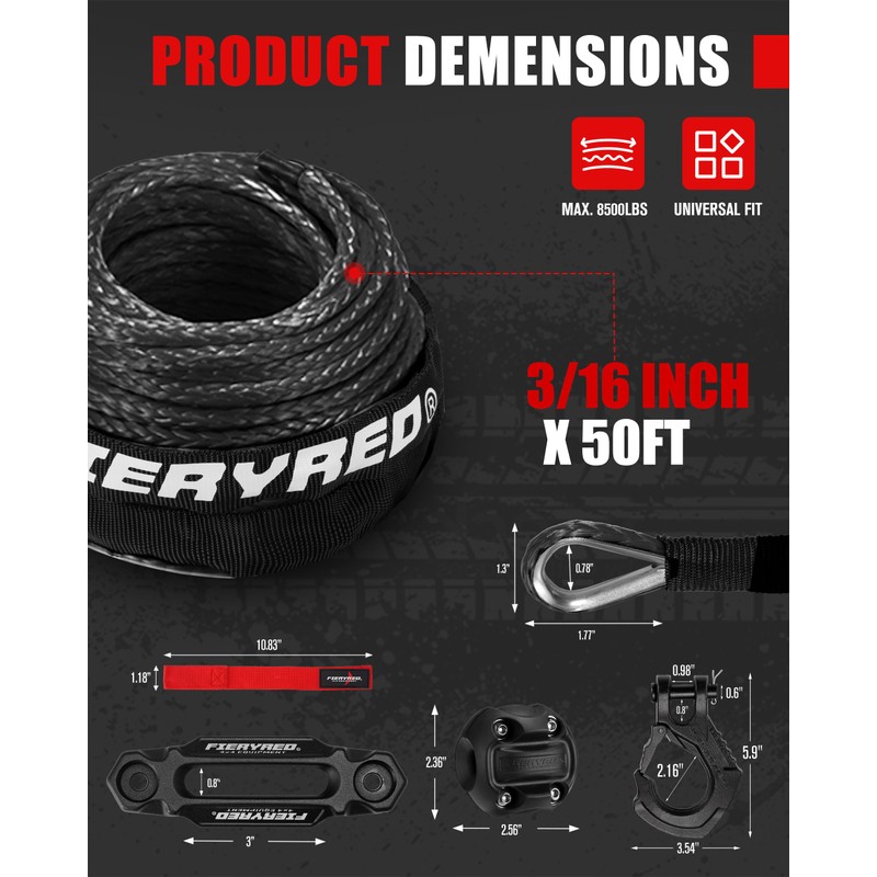 FIERYRED 3/16inch 50FT 8500LBS Synthetic Winch Rope Cable Kit with