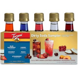 Torani Dirty Soda Sampler 5-Pack, Mini Syrups Gift Set – Coconut, Strawberry, Blue Raspberry, Peach, and Cherry, 1.7 Oz Ea