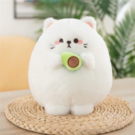 Hava Kolari Kawaii Plush Toy Cat, Fluffy Stuffed Toy Cuddly Toy, Cat with Avocado, Plush Cushion Toy Gift for Children Girls Boys (White, 20 cm)