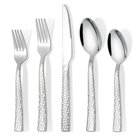 60-Piece Hammered Silverware Set, Food-Grade Stainless Steel Flatware Set for 12, Cutlery Set, Home Kitchen Utensil Set, Include Knifes Forks and Spoons Silverware Set, Mirror Finish, Dishwasher Safe