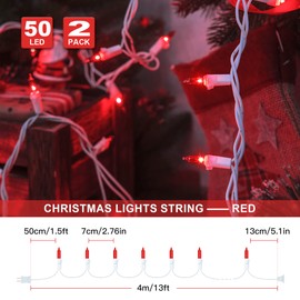 Hopolon 2PACK 50-Count Red Christmas Lights with White Wire, 13ft String Lights for Valentines Day,Christmas Tree, Holiday Party, Wedding, Xmas, Home, Indoor & Outdoor Decorations(Red)