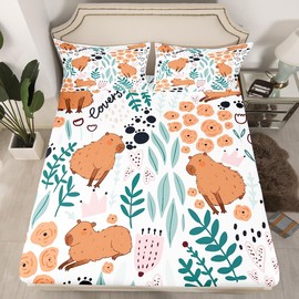 Capybara Bedding Set - Full Size, Cute Capybara & Flowers Fitted Sheet, Animal Bed Cover with 2 Pillow Cases