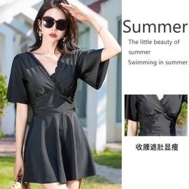 Women's Stylish Short Sleeve One-Piece Swim Dress - Tummy Control, Modest, Plus Size R296 L [Recommended 63-69kg]/Black 2ea