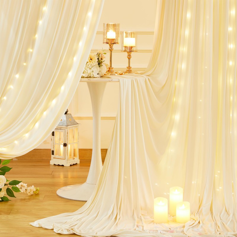 Wish Care 10x10ft Champagne Backdrop Curtains with Lights String for