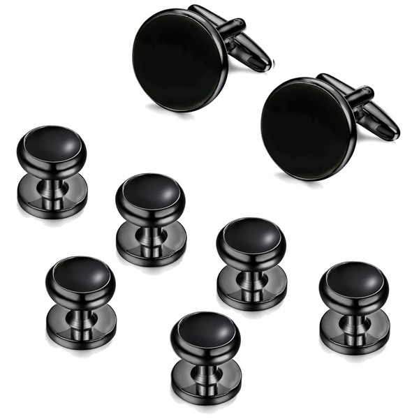 ORAZIO Mens Classic Cufflinks and Studs Set for Tuxedo Formal Kit Business or Wedding Shirts (D: Black-tone)