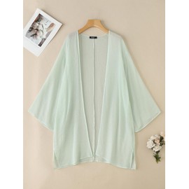 ZANZEA Women's Kimono Cardigan Solid Color Open Front Beach Coverups Long Sleeve Bikini Sarong Shawl Tops Light Green Long XL
