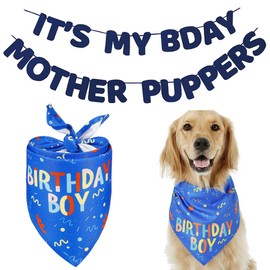 Dog Birthday Bandana Banner Set, Dog Birthday Party Supplies, Triangle Scarf Triangle Dog Scarfs Bandanas, It's My Bday Mother Puppers Sign Banner for Medium Dogs Pets (Blue, M)