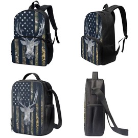 Suobstales American Flag Print Backpack Student 3 In 1 School Bookbag Set Deer Camo Design Travel Rucksack+Insulated Lunch Bag+Pencil Case