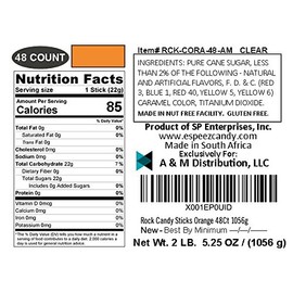 Extra Large Rock Candy Sticks: 48 Orange Rock Candy Sticks - Individually Wrapped for Party Favors, Candy Buffet, Showers, Receptions, Old Fashioned Espeez Bulk Candy on a Stick