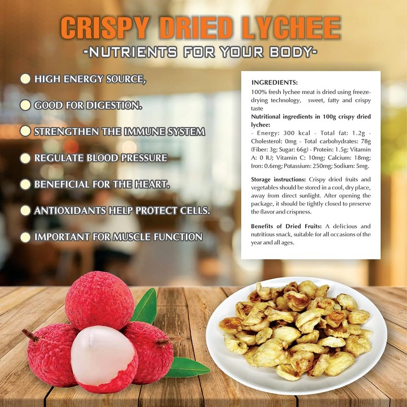 CRISPY DRIED LYCHEE 2.47 oz (70g) VIETFARMFOOD: Freeze-dried, no sugar