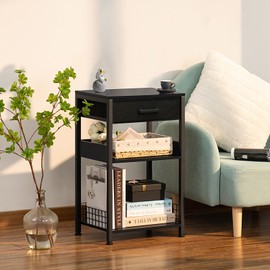 Lerliuo Pure Black Printer Table with Fabric Drawer,3 Tier Industrial Wood Printer Stand with Storage Shelf,Modern Tall End Table,Nightstand,Bed Side Tables for Scanner Fax Home Office Small Spaces