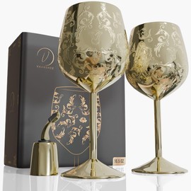 vaanshie 17oz Stainless Steel Wine Glasses [Set of 2] – Gold Royal Goblets with Baroque Engravings, Unbreakable Wine Cups with Bottle Stopper – Ideal for Valentines Day Gift
