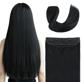 Invisible Wire Hair Extensions Real Human Hair - 22 Inch 95G Jet Black Transparent Fish Line Clip-Ins Hair Piece, 100% Remy Human Hair Extensions for Women