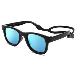 GLARDEFE Polarized Baby Sunglasses with Strap - Unbreakable Infant Glasses for Newborn Toddler Boys Girls Age 0-12 Months(Black/Blue Mirror)