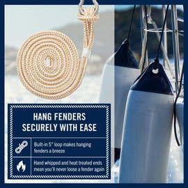 RainierSupplyCo Boat Fender Lines - 2 Pack Bumper Rope Dock Lines - 6' x 3/8" Premium Double Braided Nylon Boating Ropes for Docking with 5" Loop - Mooring Ties & Boat Accessories - White and Gold