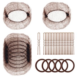 Hair Nets for Buns Invisible Elastic Edge Mesh and U Shaped Pins Set, 30PCS Hair Net, 30PCS 2.4 INCH Hair Pins, 5PCS Hair Elastic Bands, Brown