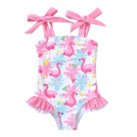 YOUNGER TREE Toddler Swimsuit Girl Color Block Stripe One-Piece Swimwear Baby Girl Bathing Suits （Leaves + Flamingos, 12-18 Months）