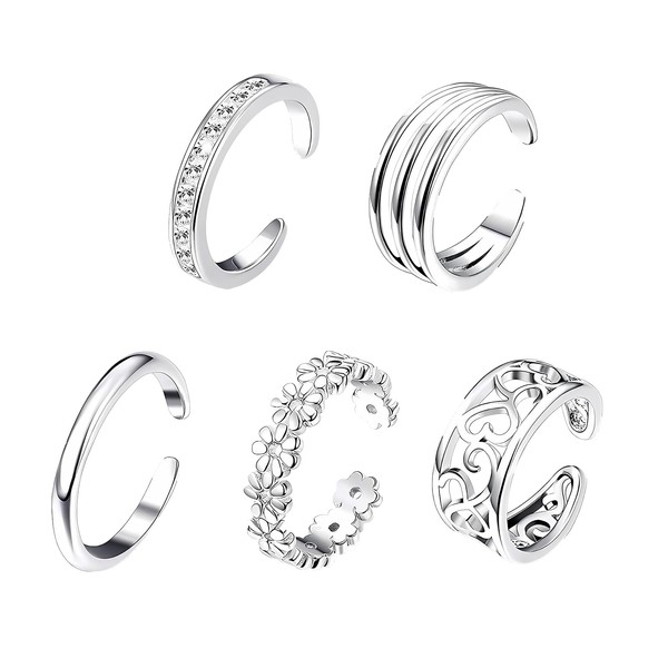 Ninnyi 5 Pcs Toe Rings for Women, Open Adjustable Silver