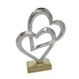 Metal Figurine Two Hearts on Wooden Base 19 x 25 cm Decorative Table Decoration Metal Heart Sculpture