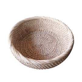AMOLOLO Wash White Round Rattan Bowl Basket,White Decorative Handmade Wicker Key Holder, Decorative Woven White Rattan Basket Tray with Wrapping Edge and 2 Inch Deep Wall,7.9"x2.4"