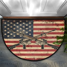 Half Round Door Mat Indoor Entrance 36"x24", Retro American Flag Soldier Gun Super Absorbent Non-Slip Half Circle Doormats for Entryway,Garage,Patio