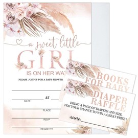 Moonle Baby Shower Invitations with Envelopes for boy, Diaper Raffle Tickets and Baby Shower Book Request Cards, a little girl Pink Pampas Grass Boho theme babyshower party supplies, Set of 25