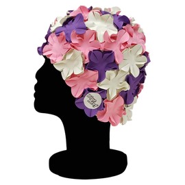 Blue Reef Isla Floral Ladies Classic Retro 3D Flower Petal 3 Colour Stylish Vintage Swimming Hat Swim Cap Generous One Size Adults (White/Pastel Pink/Purple)