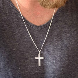CLEVER SCHMUCK Set Silver Large Men's Cross 32 mm Inside Satin Matt Raised Shiny Edge and Curb Chain 60 cm Shiny Sterling Silver 925 in Case, Sterling Silver, No Gemstone