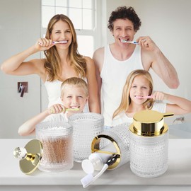 DASITON Bathroom Accessories Set,4Pcs Glass Bathroom Counter Set with Foaming Soap Dispenser,Toothbrush Holder,Bathroom Tumbler,Cotton Swab Jars, for Vanity Bathroom Decor(Clear A)