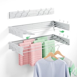 Wall Mounted Drying Rack 31.5", Foldable Clothes Drying Rack with 6 Towel Hooks and 5 Rods for Hanging Clothes, Space Saving Laundry Rack for Indoor Outdoor Bathroom Balcony Laundry Room(31.5")