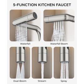FORIOUS Waterfall Kitchen Faucet with Pull Down Sprayer, 5 Spout Modes Brushed Nickel Stainless Steel Single Handle 360° Swivel Kitchen Sink Faucet with Deck Plate for 1 or 3 Hole for Bar Farmhouse