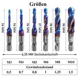 Treki 6-Piece Combination Tap Bit Set M3 M4 M5 M6 M8 M10, Manual Tap Set, Spiral Tap with 6.35 mm for Cordless Screwdriver, HSS Hand Tap, Machine Tap Bits Set