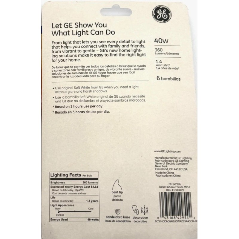 GE 12 GE 40W Frosted White Flame Tip CA-Type Light