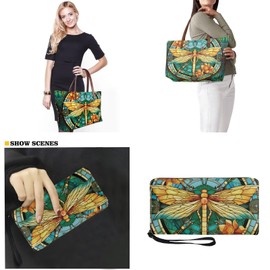 Salabomia Dragonfly Print Womens Handbag with Matching Wallet Large Shoulder Tote Bag Top Handle Purse PU Leather Clutch Purse Polyester Satchel Handbag for Work Party Shopping, Green