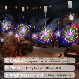 Firework Lights 4 Pack,120 LED Copper Wire Starburst String Light Battery Operated, 8 Modes sparkling Lights with Remote, Valentines Day Decorations Hanging Lights for Party Patio (Multi-colored, 4)
