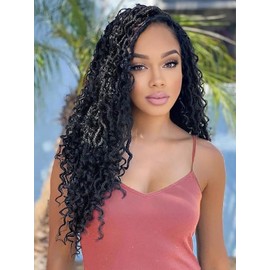 Faux Locs Goddess Locs Crochet Hair for Women 14 Inch Soft River Locs Short Curly Pre Looped Crochet Braids with Curly Ends Boho Hippie Locs Synthetic Hair Extensions(6 packs, #1b)