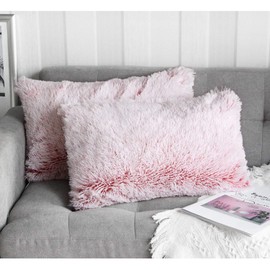 Uhomy Home Decorative Luxury Series Super Soft Style Faux Furry Rectangular Pillow Case Cushion Cover for Living/Beding/Car Pink Ombre 12x20 Inch 30x50 cm Set of 2