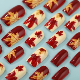Fall Maple Leaf Press on Nails Medium Square Fake Nails Glossy Red Acrylic Nails with Glitter Maple Leaf Designs Square False Nails Autumn Stick on Nail for Women and Girls Manicure Salon 24Pcs