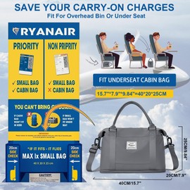 for Ryanair Airlines Underseat Cabin Bag 40X20X25 Weekend Overnight Bags for Women Carry on Bag Holdall Travel Duffel Bag Sport Duffel Bag with Wet Bag Gym Tote Bag Mum Hospital Bag,F12-Slate grey